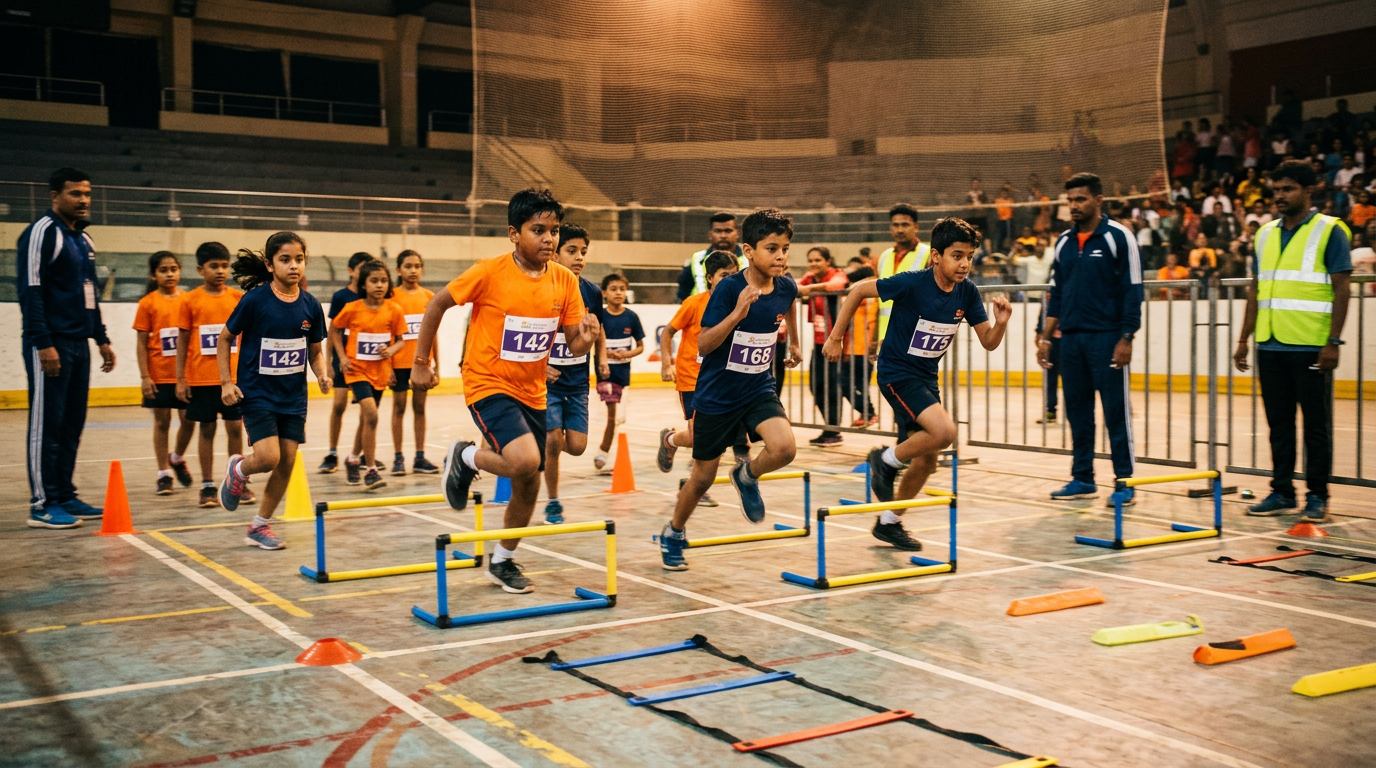 Children in orange and navy race bibs running through a hurdle course while coaches supervise